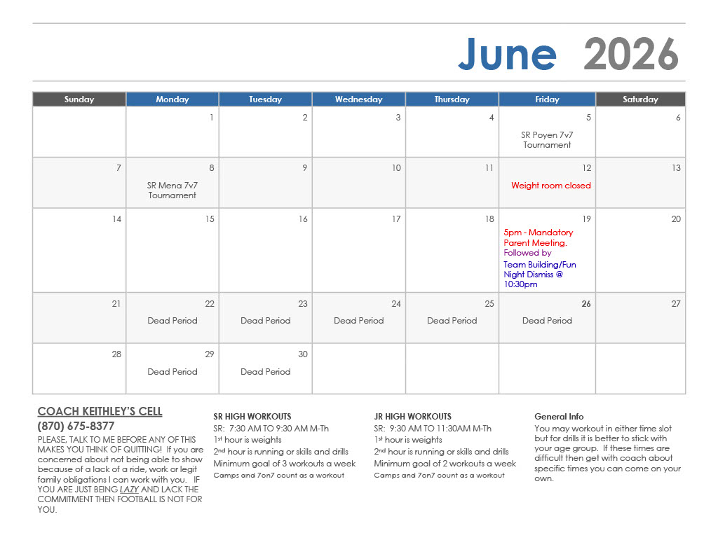 June 2026 Football Practice Schedule